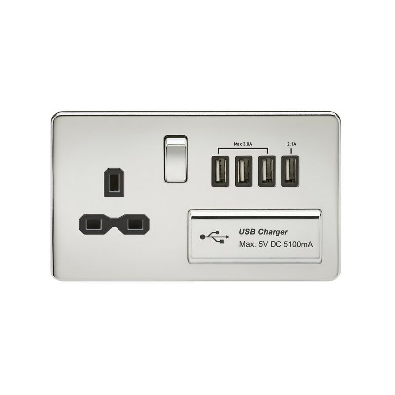 Knightsbridge Screwless 13A switched socket with quad USB charger (5.1A) - polished chrome with black insert