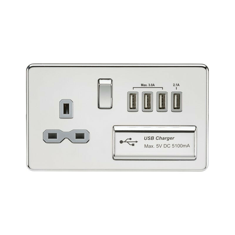 Knightsbridge Screwless 13A switched socket with quad USB charger (5.1A) - polished chrome with grey insert