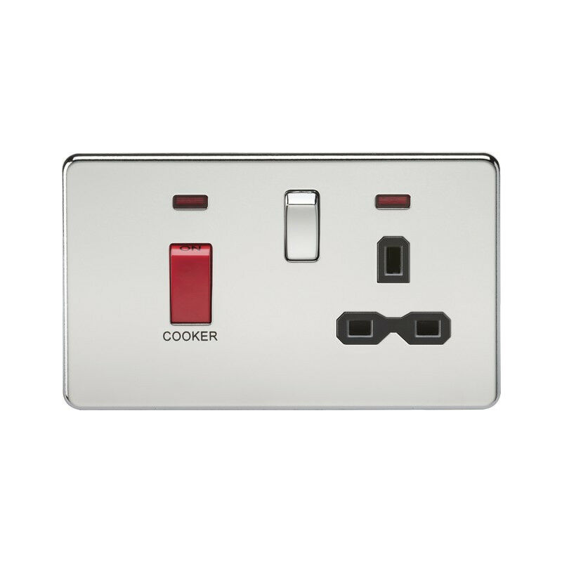 Knightsbridge Screwless 45A DP switch and 13A switched socket with neon - polished chrome with black insert
