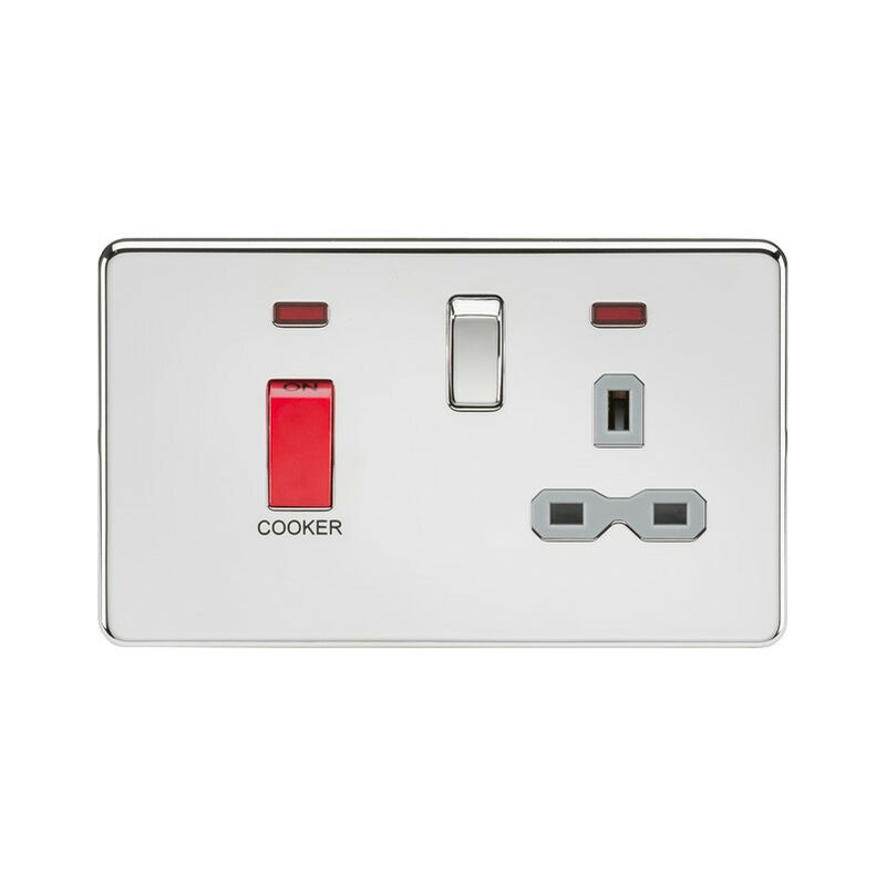 Knightsbridge Screwless 45A DP switch and 13A switched socket with neons - polished chrome with grey insert