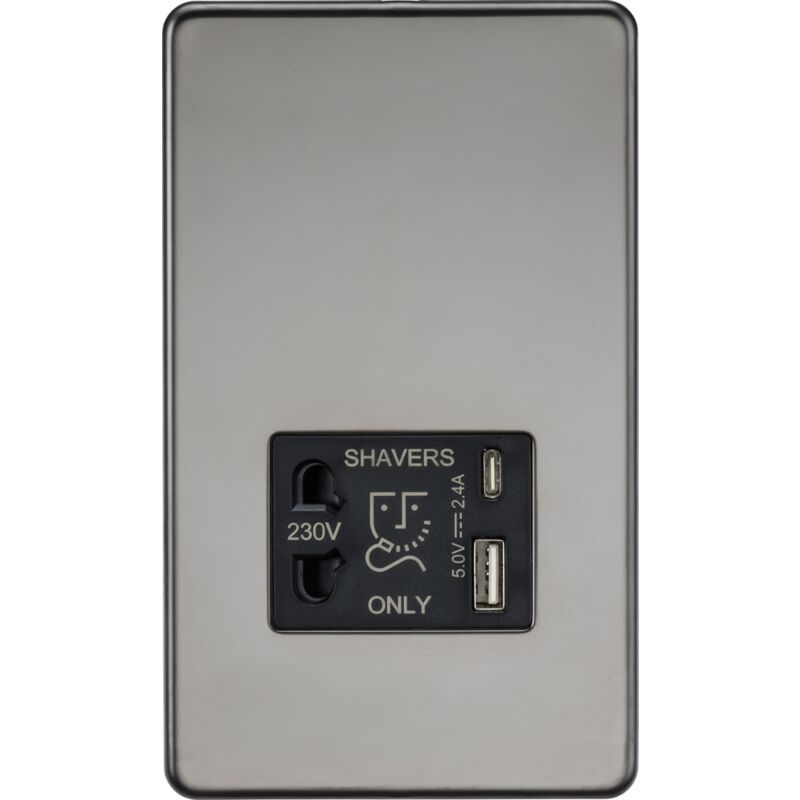 Knightsbridge - Shaver socket with dual usb a+c (5V dc 2.4A shared) - black nickel - SF8909BN