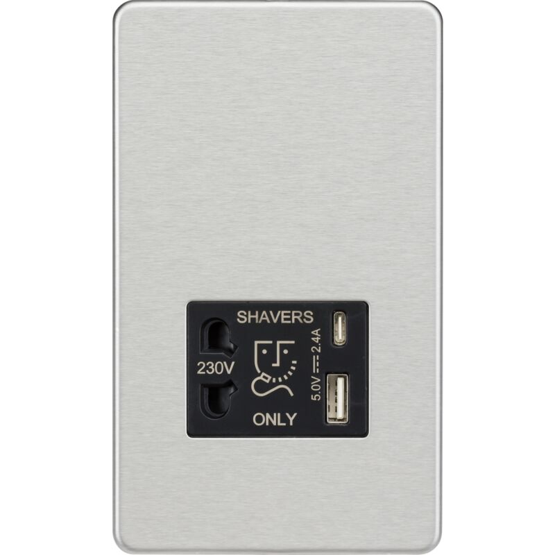 Knightsbridge - Shaver socket with dual usb a+c (5V dc 2.4A shared) - brushed chrome with black insert - SF8909BC