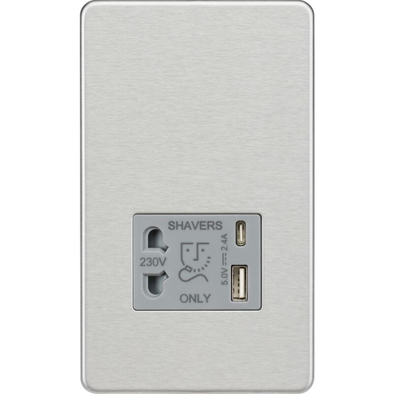 Knightsbridge - Shaver socket with dual usb a+c (5V dc 2.4A shared) - brushed chrome with grey insert - SF8909BCG
