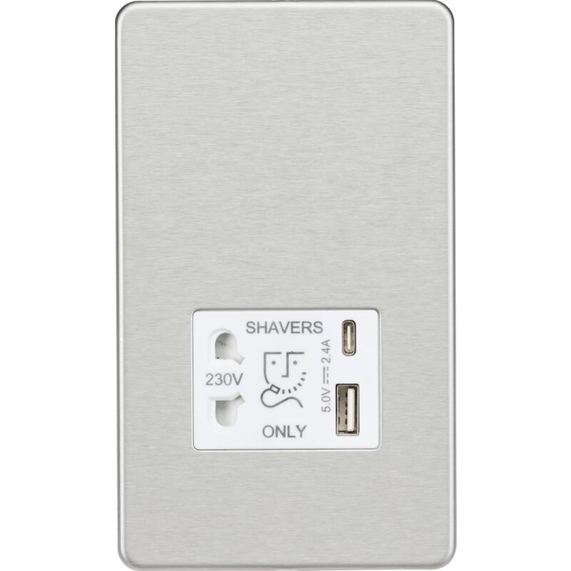 Knightsbridge - Shaver socket with dual usb a+c (5V dc 2.4A shared) - brushed chrome with white insert - SF8909BCW
