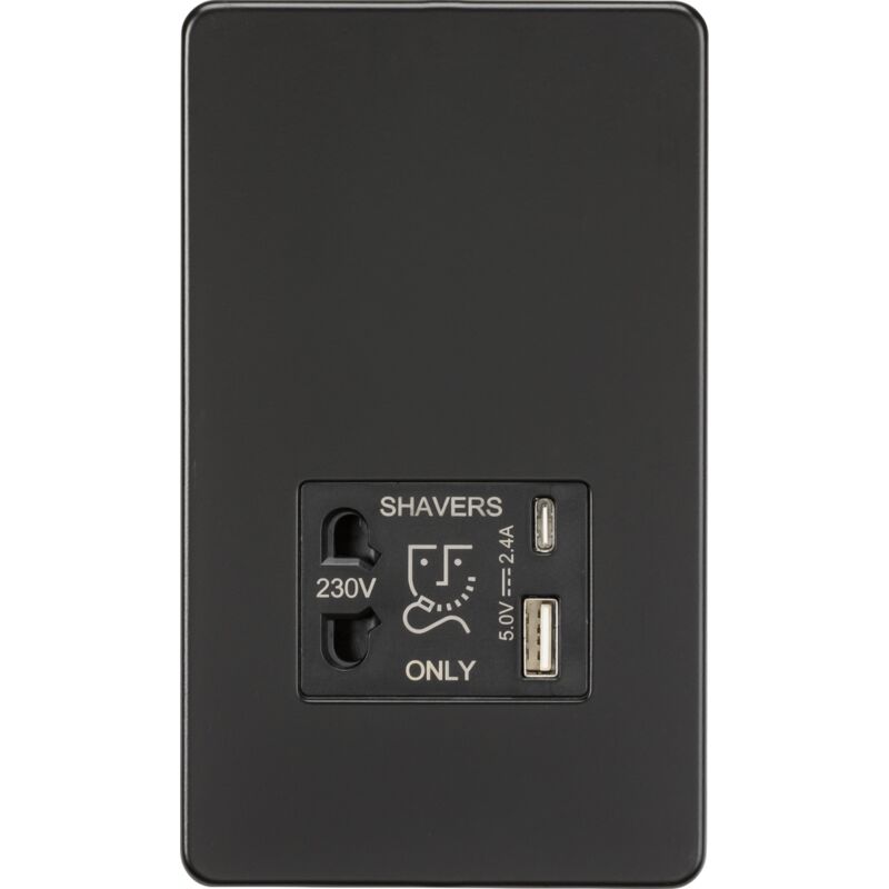 Knightsbridge - Shaver socket with dual usb a+c (5V dc 2.4A shared) - matt black - SF8909MB