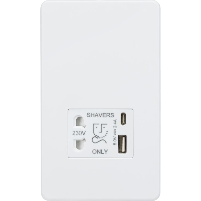 Knightsbridge - Shaver socket with dual usb a+c (5V dc 2.4A shared) - matt white - SF8909MW