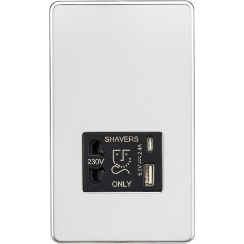 Knightsbridge - Shaver socket with dual usb a+c (5V dc 2.4A shared) - polished chrome with black insert - SF8909PC