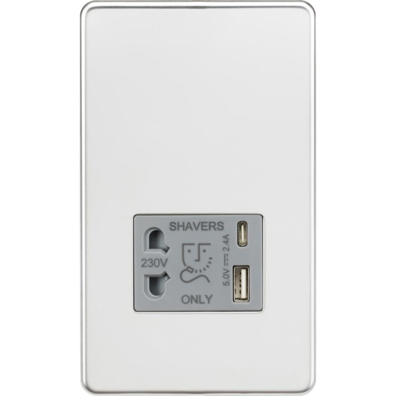 Knightsbridge - Shaver socket with dual usb a+c (5V dc 2.4A shared) - polished chrome with grey insert - SF8909PCG