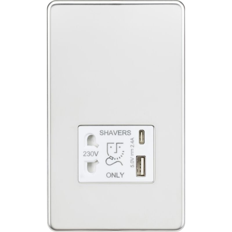 Knightsbridge - Shaver socket with dual usb a+c (5V dc 2.4A shared) - polished chrome with white insert - SF8909PCW