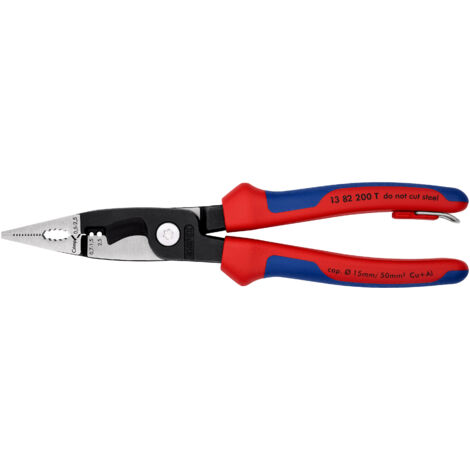 KNIPEX 13 82 200 T Elektro-Installationszange mit Mehrkomponenten-Hüllen, mit integrierter Befestigungsöse zum Anbringen einer Absturzsicherung schwarz atramentiert 200 mm