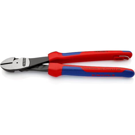 KNIPEX 74 02 250 T Pince coupante de côté à forte démultiplication avec gaines bi-matière, avec œillet intégré pour fixation d’un dispositif antichute atramentisée noire 250 mm