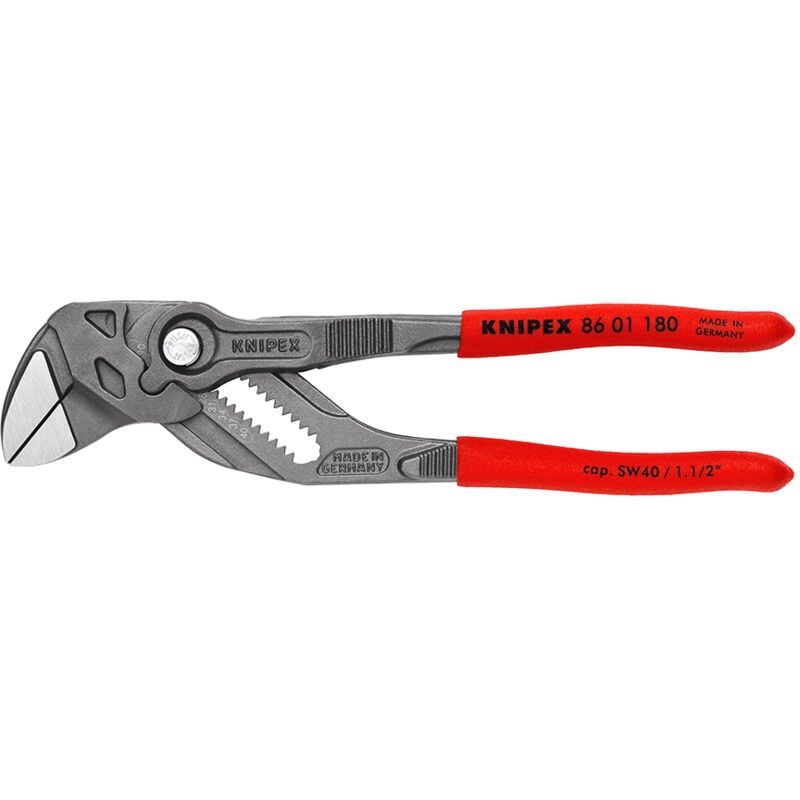 KNIPEX 86 01 180 SB Zangenschlüssel Zange und Schraubenschlüssel in einem Werkzeug mit rutschhemmendem Kunststoff überzogen grau atramentiert 180 mm