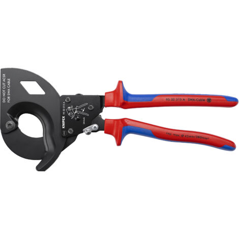 KNIPEX 95 32 315 A Cesoia a cremagliera (sistema a cricchetto) per cavo a nastro d'acciaio (cavo SWA) con manici multicomponente verniciata nera 315 mm