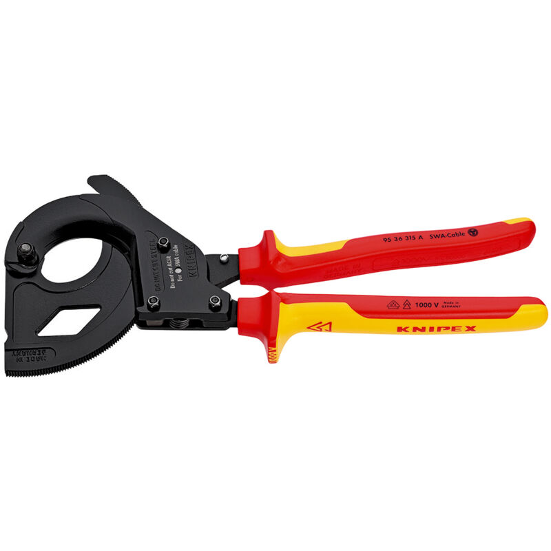 95 36 315 a Coupe-câbles à cliquet pour câbles à blindage acier (câbles swa) isolées par gaines bi-matière, certifiées vde noire laquée 315 mm