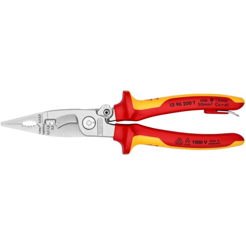 Pince d'installation électrique oeillet de fixation chromé, isolé avec gaines multicomposants, testé vde avec oeillet de fixation isolé intégré pour