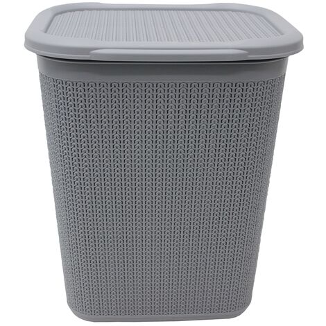 Knit Design Loop Plastic Rectangular Lidded Washing Laundry Basket, Grey