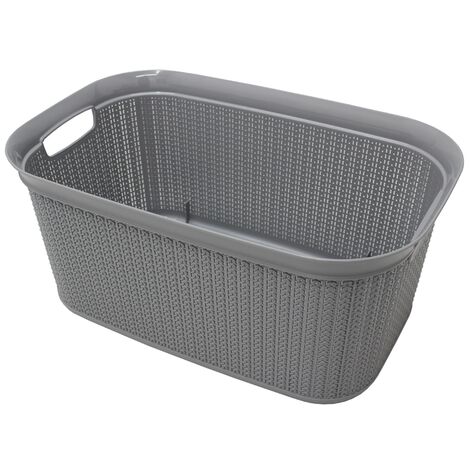 Knit Design Loop Plastic Rectangular Linen Washing Basket with Handles, Grey
