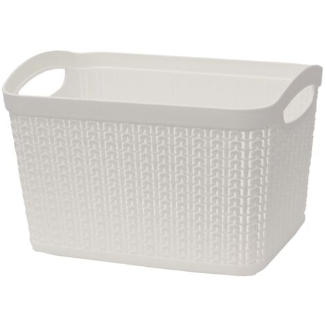 Knit Design Loop Plastic Rectangular Small Storage Basket with Handles, Ivory