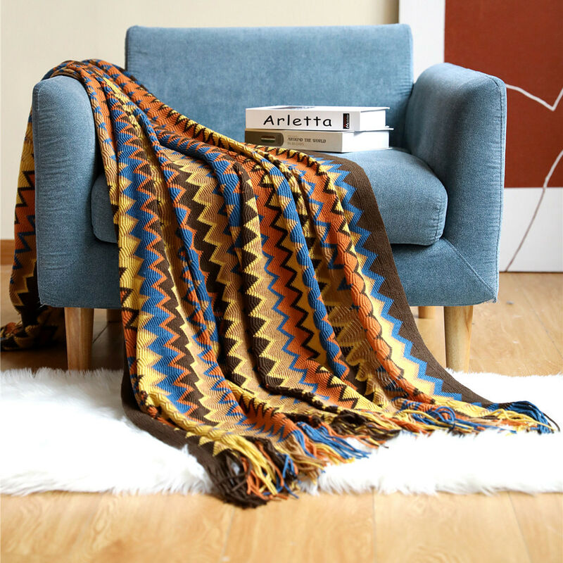 Knitted Blanket Tassel Throw Blankets Color Houndstooth Bohemian Plaid Warm Throw Rug Fashionable Blanket Soft Sofa Throw Decorative Bedspread