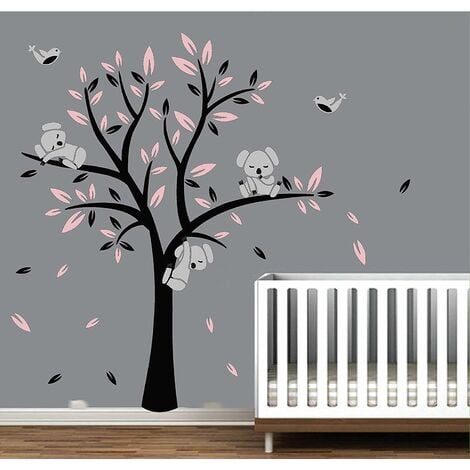 Koala Arbre Enfant Arbres en pépinière mur autocollants pour bébé mignon oiseaux koalas mur art Décoration de Chambre Bébé (Black,Pink)-Fei Yu