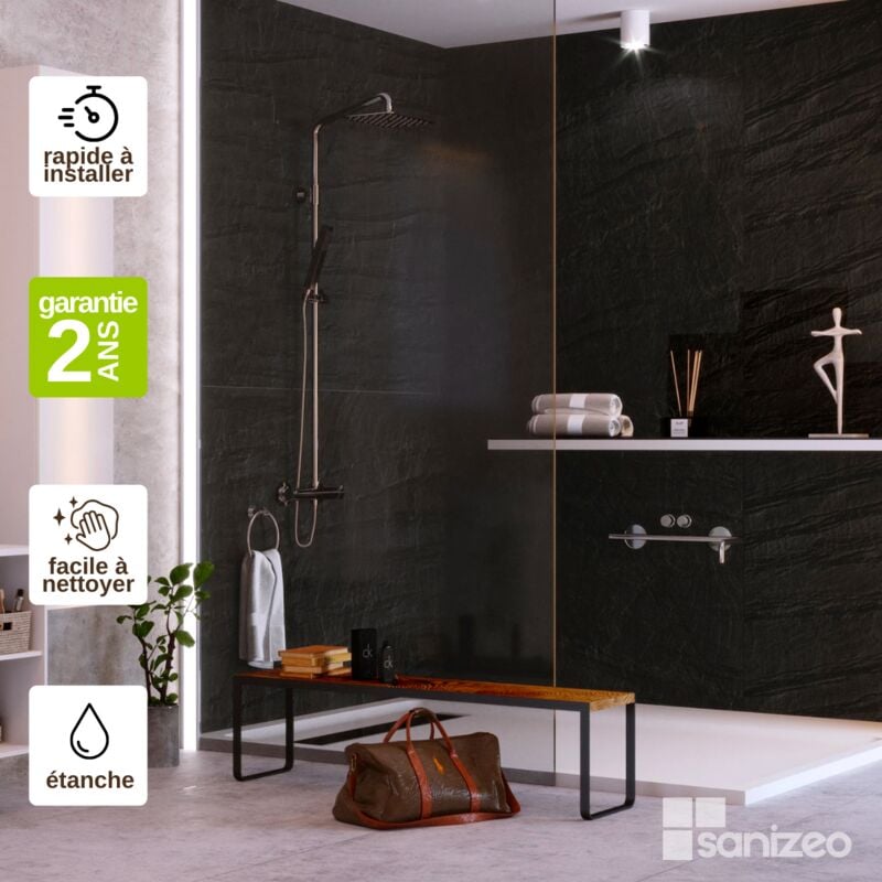 Lot de 2 Panneaux d'Habillage pour Douche et Baignoire, L120l1200.4 cm, effet effet pierre noire, Manson by sanizéo