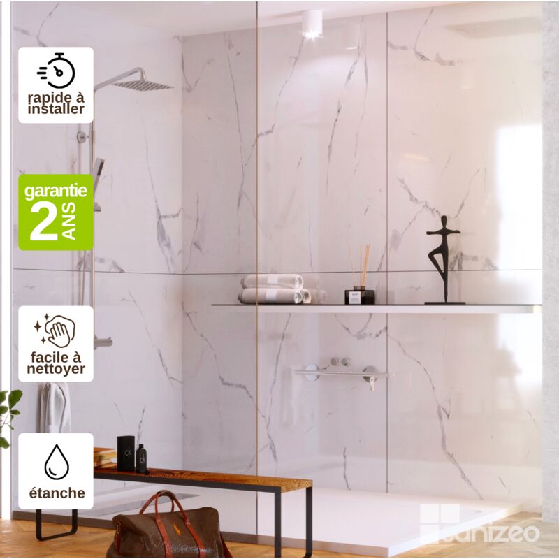 Kobertin-compact - Lot de 2 Panneaux d'Habillage pour Douche et Baignoire, L120l1200.4 cm, effet marbre blanc, Mud White by sanizéo
