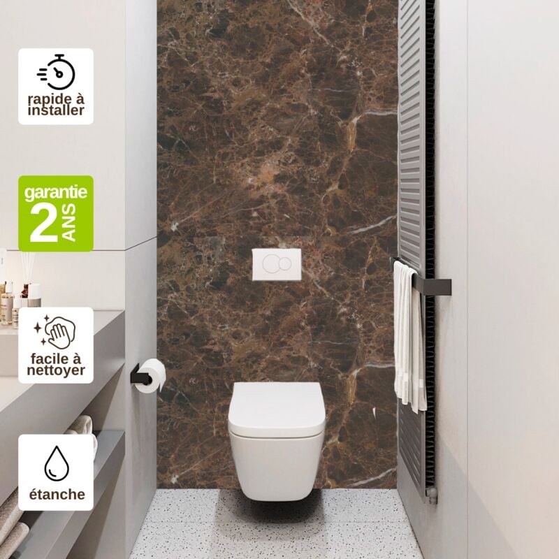 Panneau Mural Revetement Décoratif Salle de bains, Douche et wc, L120l1200.4 cm, effet marbre marron, kobert in Emperador