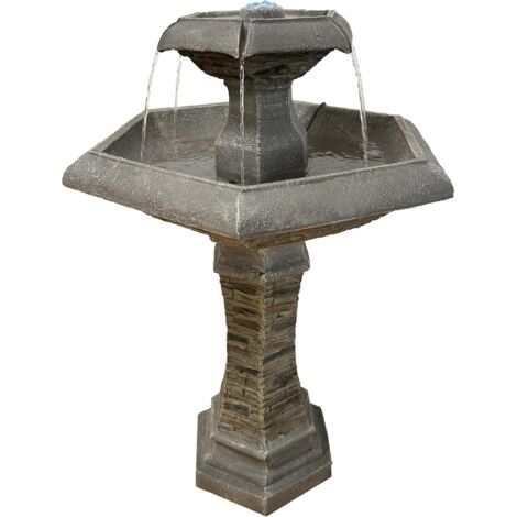Köhko® Hexagon Eleganz Gartenbrunnen "Inka" mit LED Beleuchtung, Wasserfall, Vogeltränke, Gartendeko, Springbrunnen