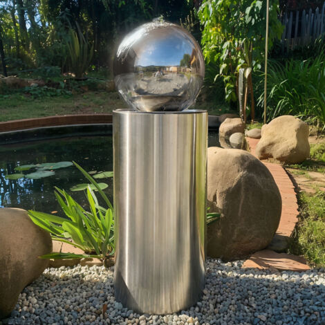 Köhko® Kugelbrunnen Ø25cm mit integrierte LED-Beleuchtung auf zylindrischen Edelstahl Eimer H60cm hochglanzpoliert Gartenbrunnen aus Edelstahl