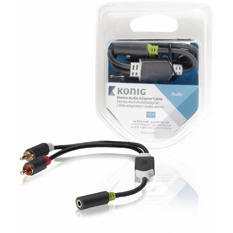 

König Cable adaptador de audio estéreo 2x RCA macho - hembra de 3,5mm; 20 cm en gris, alta calidad, cable reforzado