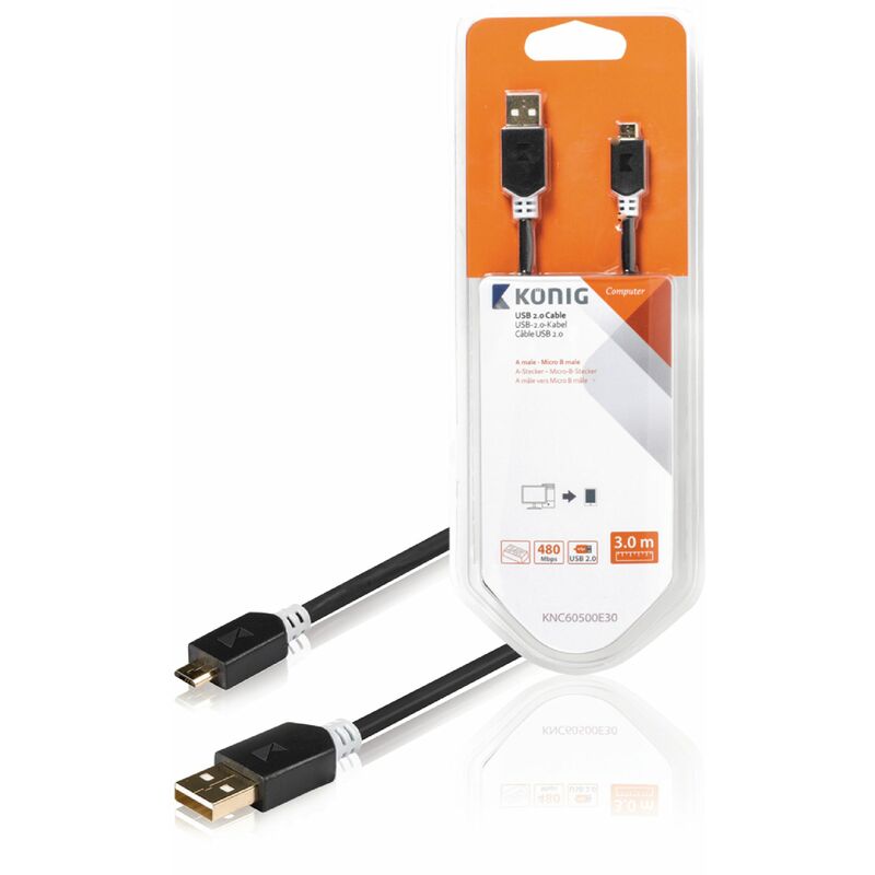 

König Cable USB 2.0, color gris, 3 metros de largo, tipo USB A macho - Micro USB tipo B macho, resistentes conectores para uso intensivo