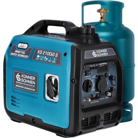 Könner & Söhnen KS 2100iG S - Generador inverter de gasolina o gas licuado Generador de corriente de 2000 W, enchufe Schuko 230 V, 2 puertos USB, pantalla led, modo ECO, generador de emergencia EURO V