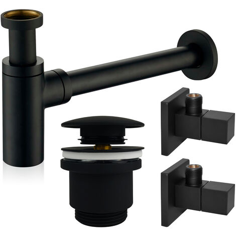 kör4u Design-Set schwarz matt - Siphon mit Pop-Up Ablaufventil und zwei Eckventilen