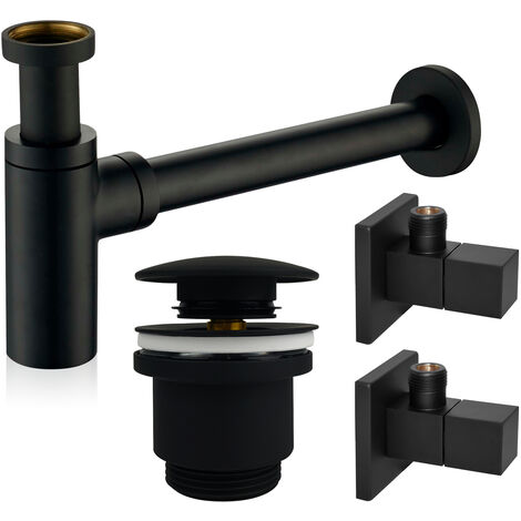 kör4u Design-Set schwarz matt - Siphon mit Pop-Up Ablaufventil und zwei Eckventilen - Schwarz matt