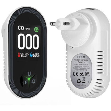 Kohlenmonoxidmelder mit Stecker für Zuhause, Kohlenmonoxidalarm, CO-Alarm, mit Temperatur- und Feuchtigkeitssensoren, Weiß, PTH-24D