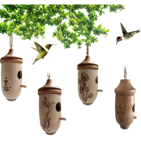 Kolibri-Haus aus natürlichem Buchenholz, dekorative Hängedekoration für Garten und Balkon, Maße 12 x 5 x 5 cm, einzigartiges Set mit Metallring