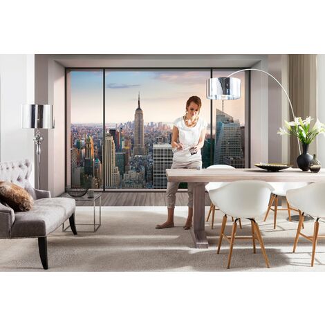 Komar Carta da parati con panorama di New York da attico con tecnica trompe l’oeil, modello 8-916, 368 x 254 cm, pastello, confezione da 8