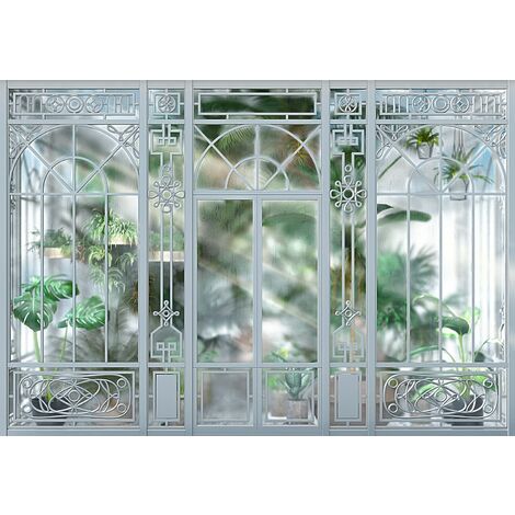 Komar – Papier peint panoramique jardin gris et vert – Dimensions 368 x 254 cm – Écologique certifié FSC – Facile à poser