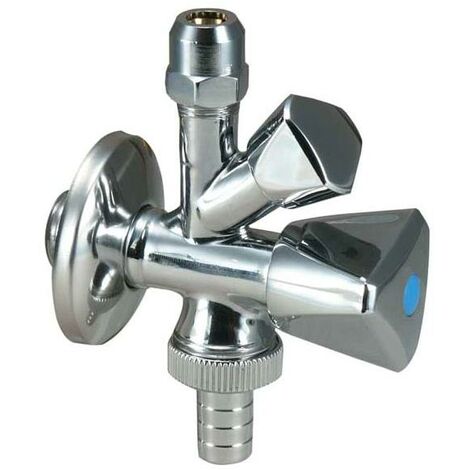 Kombi-Eckventil 3/8" mit RV, 10mm Quetsche, Rosette, Schlauchanschluss, BL 100mm