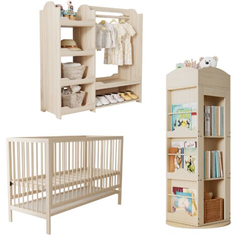 Kombi-mobilier enfant: Lit bébé en bois multifonction + Armoire + Bibliothèque tournante, Ensemble meubles chambre ado, Combinaison meubles multifonctions, Couleur naturelle