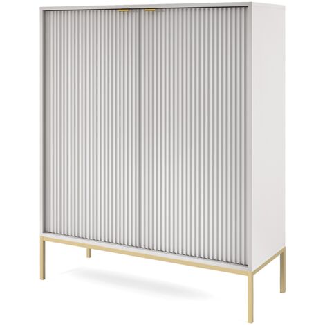 Kommode 100 cm Galla - Sideboard 2-türig mit Beinen & geriffelten Fronten - goldene Griffe - Wohnzimmerkommode (Grau + Gold)