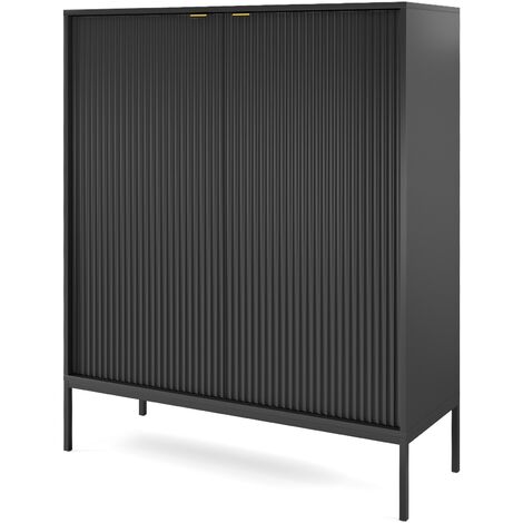 Kommode 100 cm Galla - Sideboard 2-türig mit Beinen & geriffelten Fronten - goldene Griffe - Wohnzimmerkommode (Schwarz + Schwarz)