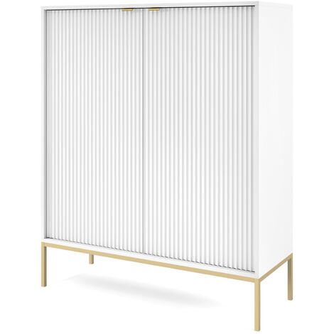 Kommode 100 cm Galla - Sideboard 2-türig mit Beinen & geriffelten Fronten - goldene Griffe - Wohnzimmerkommode (Weiß + Gold)