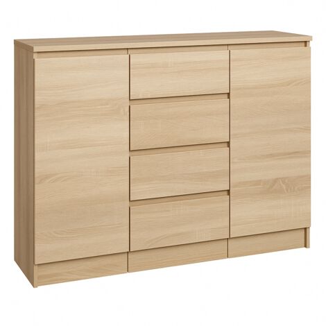Kommode 4 Schubladen, 2 Schränke, 120cm, sonoma Sideboard Bella
