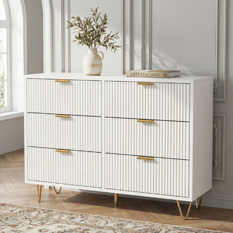 Kommode 6 Schubladen, 100cm, Sideboard Rillenoptik mit goldenen Metallfüßen, für Schlafzimmer, Flur & Wohnzimmer, Skandi-Stil(100x34x73cm, Weiß)
