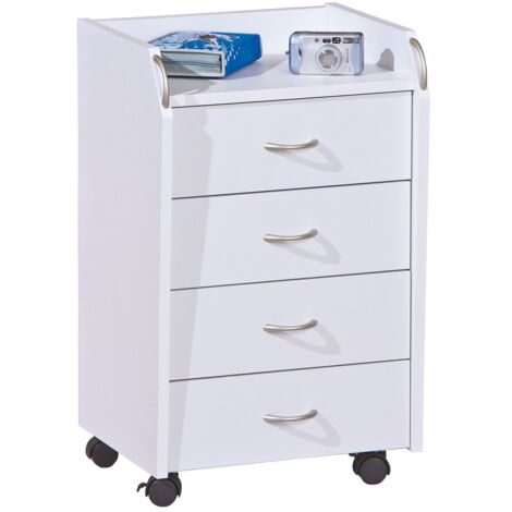 Kommode 65 cm mattweiß mit vier Schubladen und Rollen - Ortona