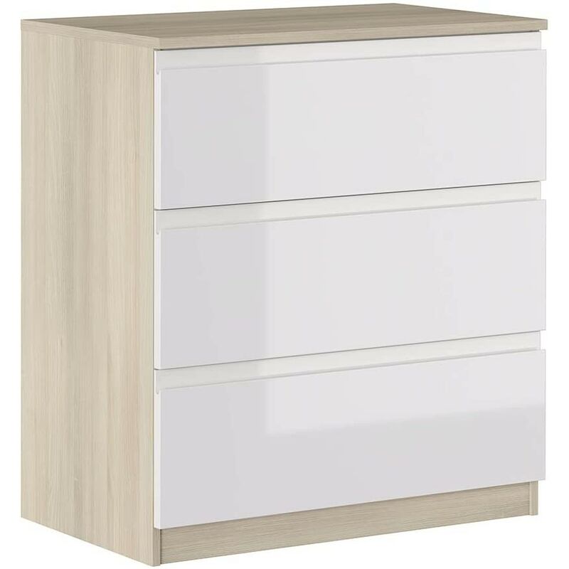 Kommode 87 cm Glänzend Weiß und Eiche mit 3 Schubladen Serie Oslo | Eiche und Weiß