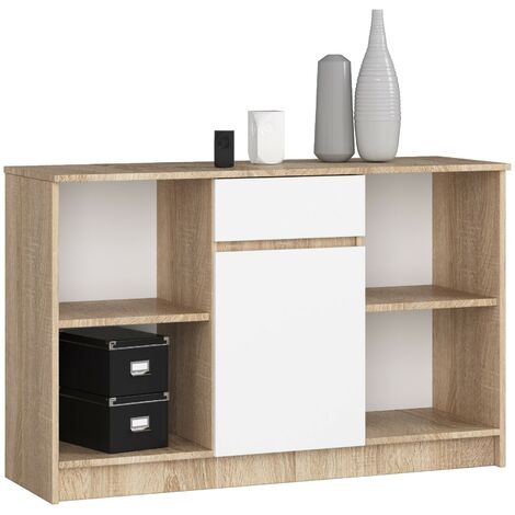 Kommode AKORD B17 Sonoma-Eiche 120 cm Tür Schublade 6 Ebenen Front Weiß B120 x H77 x T40 cm