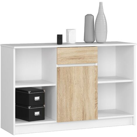 Kommode AKORD B17 Weiß 120 cm Tür Schublade 6 Ebenen Front Sonoma-Eiche B120 x H77 x T40 cm