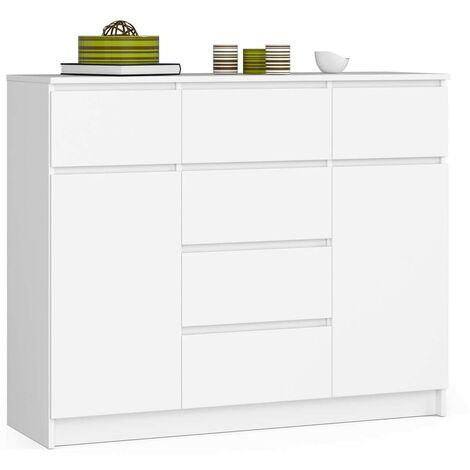 Kommode AKORD K017 Weiß 120 cm 2 Türen 6 Schubladen 4 Ebenen B120 x H99 x T40 cm